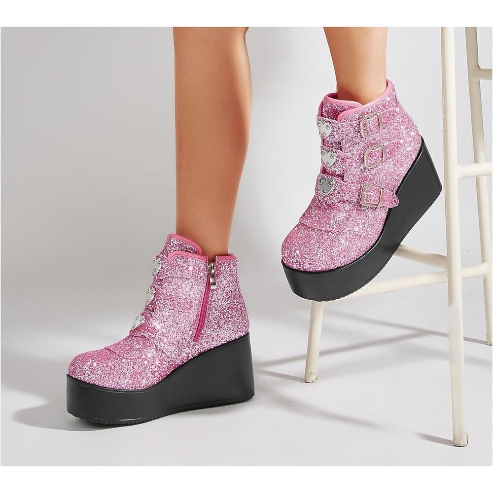 LUCKY STEP Women Platform Chunky Ankle Boots - Round Toe Zipper Wedges High 8.5